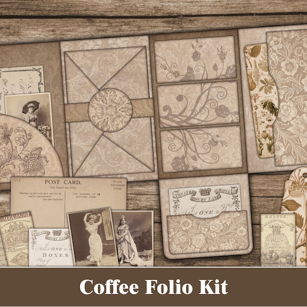 Coffee Junk Journal Folio Kit Neutral Junk Journal Insert  Printable Digital Download Grunge Vintage Scrapbook Ephemera Pack Beige Brown