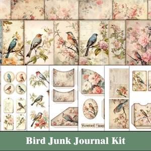 Vogel-Junk-Tagebuch-Set, Blumen-Junk-Tagebuch, Rose, Natur, druckbares botanisches Ephemera, wählerisch geschnittene Vogel-Tagebuchseiten, Scrapbook-Bastelzubehör