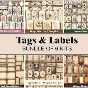 Junk-Journal-Tags und -Etiketten, Zahlen-Tags, druckbares Scrapbooking, digitales Grungy-Junk-Journal-Kit, Vintage-Tickets, botanisches Ephemera-Bundle