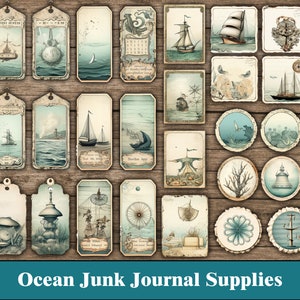 May include: A collection of vintage-style ocean themed paper ephemera, including tags, labels, and circles. The images feature ships, sea creatures, lighthouses, and nautical designs. The paper is distressed and has a vintage look.