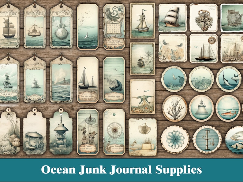 May include: A collection of vintage-style ocean themed paper ephemera, including tags, labels, and circles. The images feature ships, sea creatures, lighthouses, and nautical designs. The paper is distressed and has a vintage look.