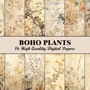 May include: A set of 16 digital papers featuring a boho floral design in shades of beige, brown, and cream. The papers are perfect for creating invitations, cards, scrapbook pages, and other craft projects.