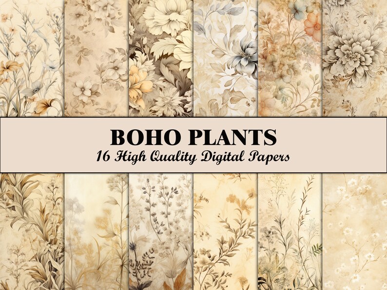 May include: A set of 16 digital papers featuring a boho floral design in shades of beige, brown, and cream. The papers are perfect for creating invitations, cards, scrapbook pages, and other craft projects.