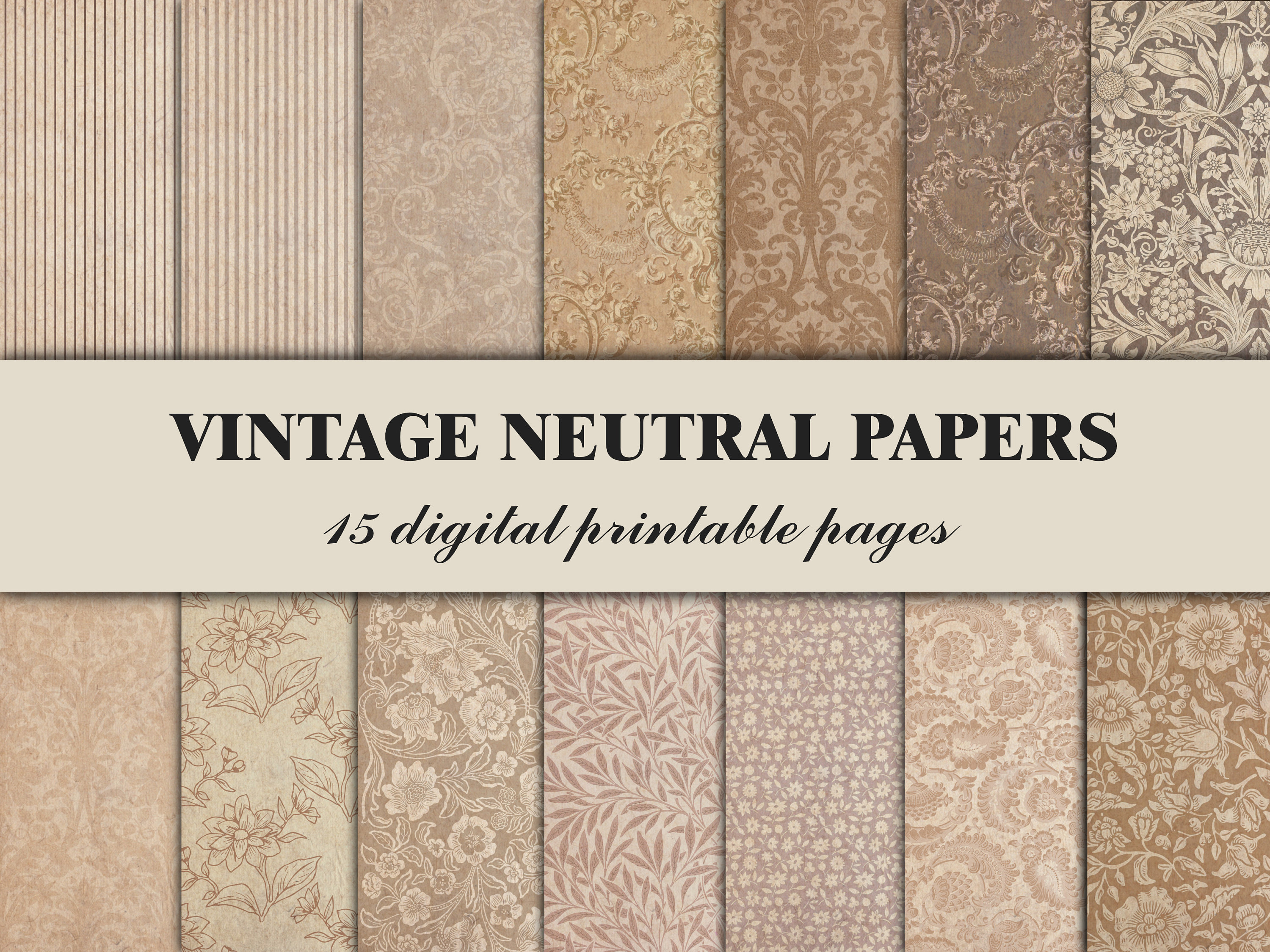 Vintage Kaffee Scrapbook Papier Floral Ornament Muster Junk Journal Seiten Druckbare digitale Papiere Hintergrund Neutral Beige Shabby Verblasst