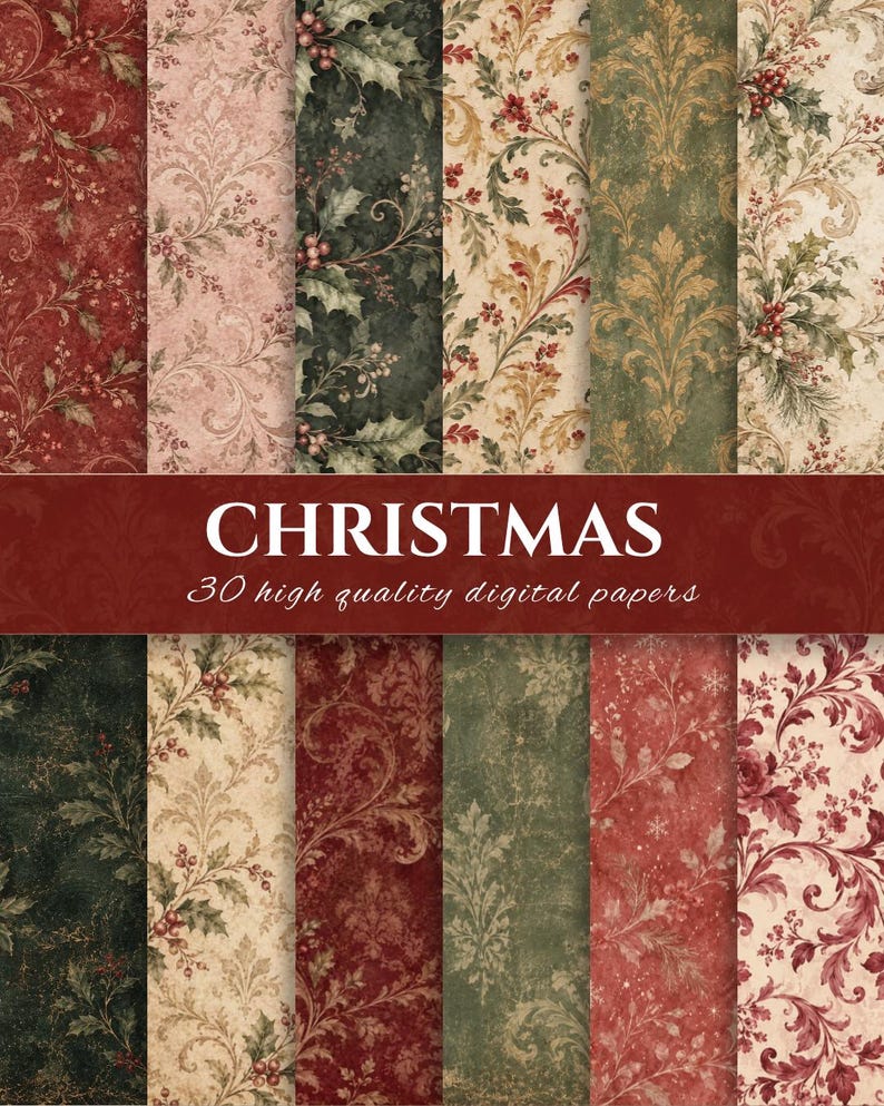 Retro Pattern Backing Paper Christmas Digital Paper Bundle | 192 Printable Papers | Vintage Winter ...