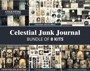 Könnte beinhalten: Ein digitales Collage-Kit für Junk Journaling mit einem himmlischen Thema. Das Kit enthält 24 digitale Papiere, über 50 Ephemera-Teile sowie Etiketten und Beschriftungen. Das Bild zeigt eine Vielzahl von himmlischen Bildern, darunter Sterne, Monde, Planeten und Sternbilder.