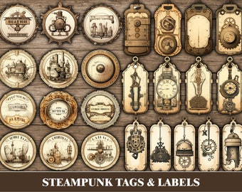 Steampunk Junk Journal Imprimable Ephemera Industrial Junk Journal Tags Étiquettes Digital Grungy Scrapbook Fournitures Victorian Grunge Train Clock