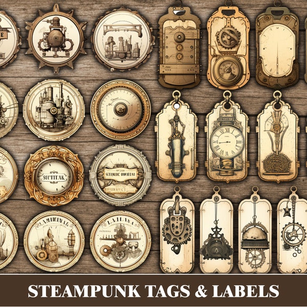 Steampunk Junk Journal Printable Ephemera Industrial Junk Journal Tags Labels Digital Grungy Scrapbook Supplies Victorian Grunge Train Clock