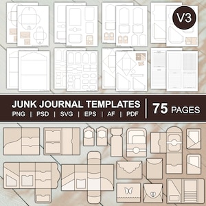 Junk-Journal-Vorlagen Mega Kit Folio-Vorlage Umschlagvorlage Tags Vorlage Etiketten Rahmen Karten Tabs | PNG, SVG, PDF, PSD, EPS, AF