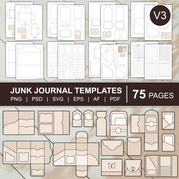 Junk Journal Templates Mega Kit Folio Template Envelope Template Tags Template Labels Frames Cards Tabs | png, svg, pdf, psd, eps, af