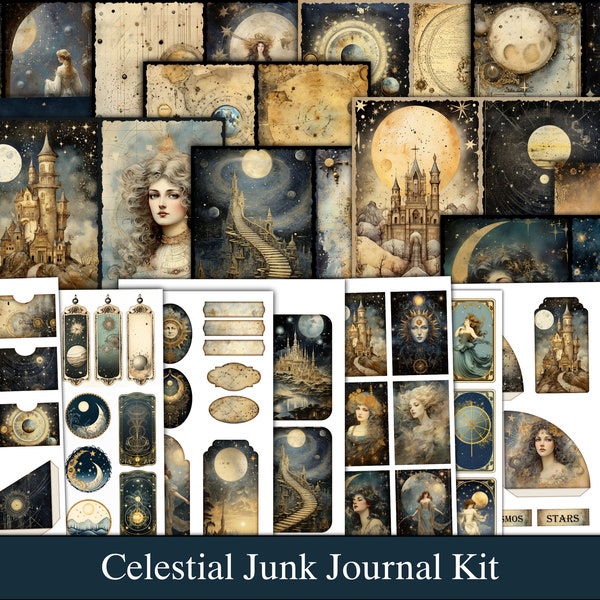 Moon Junk Journal Ephemera Printable Embellishments Celestial Junk Journal Pages Astrology Dark Junk Journal Kit Astronomy Digital Scrapbook