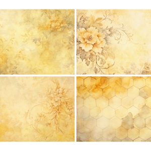 May include: A set of four digital paper backgrounds featuring a watercolor style with yellow and brown tones. The designs include floral patterns and a honeycomb pattern.