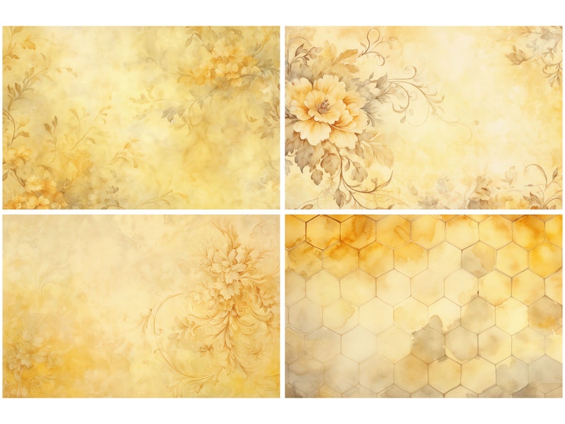 May include: A set of four digital paper backgrounds featuring a watercolor style with yellow and brown tones. The designs include floral patterns and a honeycomb pattern.