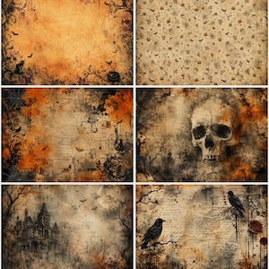 May include: A collection of six rectangular digital papers featuring Halloween-themed designs. Patterns include orange and black gradients, a skull, a haunted house, crows on branches, vintage script, and small motifs of pumpkins, bats, and spiders.