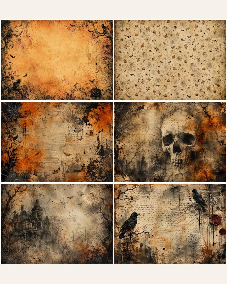 May include: A collection of six rectangular digital papers featuring Halloween-themed designs. Patterns include orange and black gradients, a skull, a haunted house, crows on branches, vintage script, and small motifs of pumpkins, bats, and spiders.