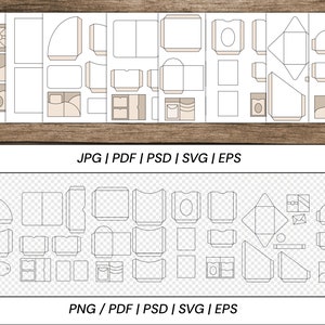 K&ouml;nnte beinhalten: Eine Sammlung von Papiervorlagen, darunter Umschl&auml;ge, Schachteln und Karten, die auf einer Holzoberfl&auml;che dargestellt werden. Der Text "JPG | PDF | PSD | SVG | EPS" und "PNG / PDF | PSD | SVG | EPS" ist enthalten.