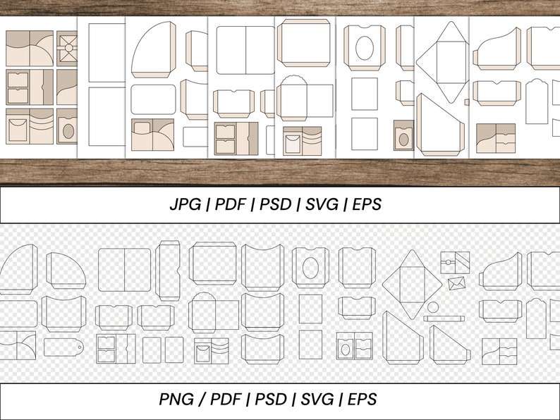 K&ouml;nnte beinhalten: Eine Sammlung von Papiervorlagen, darunter Umschl&auml;ge, Schachteln und Karten, die auf einer Holzoberfl&auml;che dargestellt werden. Der Text "JPG | PDF | PSD | SVG | EPS" und "PNG / PDF | PSD | SVG | EPS" ist enthalten.