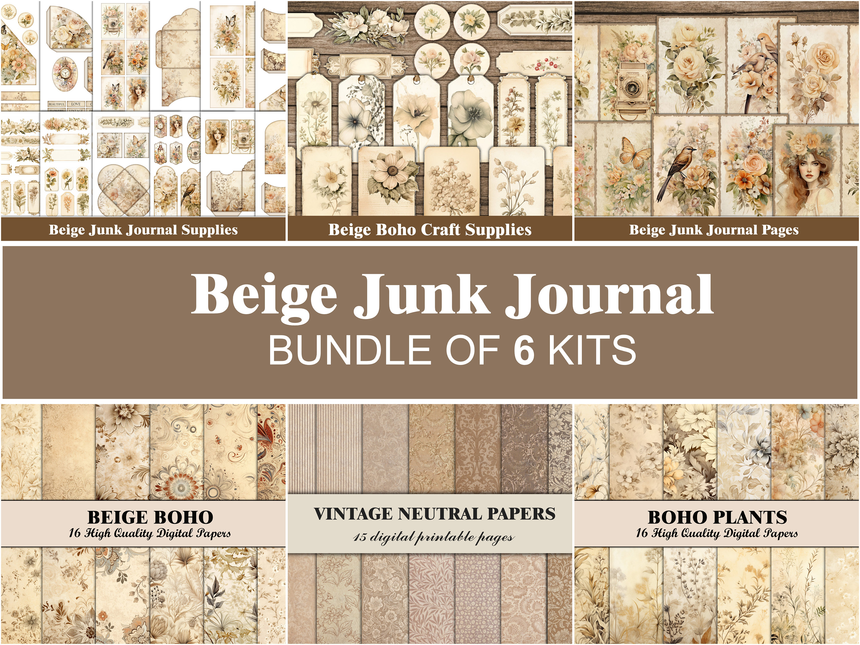 Boho Junk Journal Kit Floral Neutral Junk Journal Nature Printable Botanical Ephemera Bundle Flowers Journal Pages Scrapbook Craft Supplies