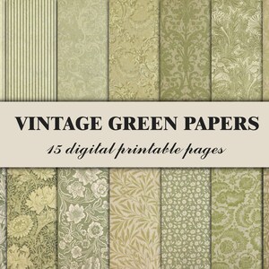 May include: A collection of 15 digital printable papers featuring vintage green patterns. The papers include stripes, floral designs, and damask patterns.