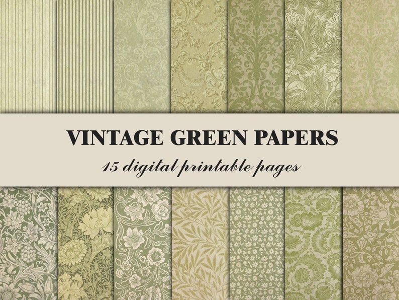 May include: A collection of 15 digital printable papers featuring vintage green patterns. The papers include stripes, floral designs, and damask patterns.