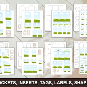 May include: Printable templates for creating pockets, inserts, tags, labels, and shapes. The design features a blue sky with white clouds and green hills.