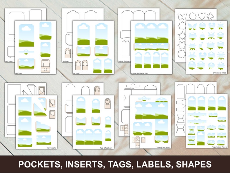 May include: Printable templates for creating pockets, inserts, tags, labels, and shapes. The design features a blue sky with white clouds and green hills.