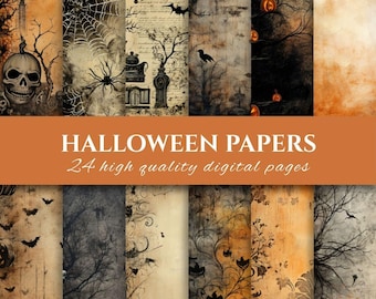 May include: A collection of 24 digital papers featuring Halloween themes including skulls, spider webs, bats, pumpkins, bare trees, and vintage script text in shades of orange, black, gray, and cream with a distressed, aged texture throughout.