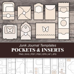 Puede incluir: Un conjunto de plantillas de diario de chatarra imprimibles para bolsillos e insertos. Las plantillas presentan varios diseños que incluyen mariposas, corazones y bordes festoneados. Las plantillas están disponibles en los formatos PNG, SVG, PDF, PSD, EPS, AF y JPG.