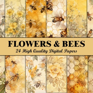 Può includere: Un pacchetto di carta digitale con 24 design di alta qualità che presentano illustrazioni ad acquerello di api e fiori in tonalità di giallo, marrone e bianco. Il testo "FLOWERS & BEES 24 High Quality Digital Papers" è visualizzato su uno striscione.