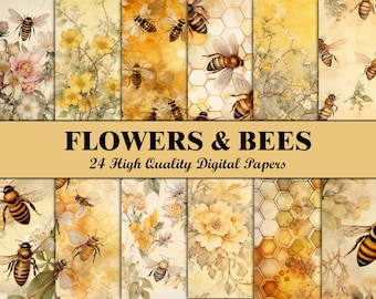 Bienen-Junk-Tagebuch-Seiten, florales Scrapbook-Papier, Bienen, gelbes Junk-Tagebuch-Set, Bienen-Ephemera-Bundle, Bastelzubehör, digitale Blumenverzierungen