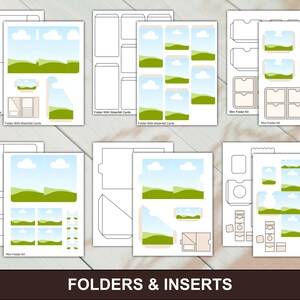 May include: Printable digital download of folder and insert templates with a watercolor landscape design. The design features a blue sky with white clouds, green hills, and a light blue border. The templates are labeled "Folder with Waterfall Cards", "Mini Folder Kit", and "Square Insert".