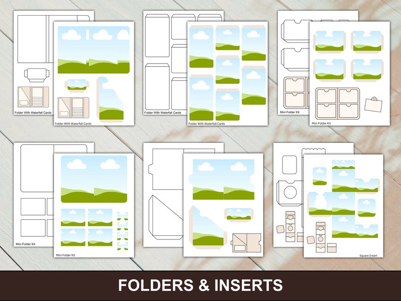May include: Printable digital download of folder and insert templates with a watercolor landscape design. The design features a blue sky with white clouds, green hills, and a light blue border. The templates are labeled "Folder with Waterfall Cards", "Mini Folder Kit", and "Square Insert".
