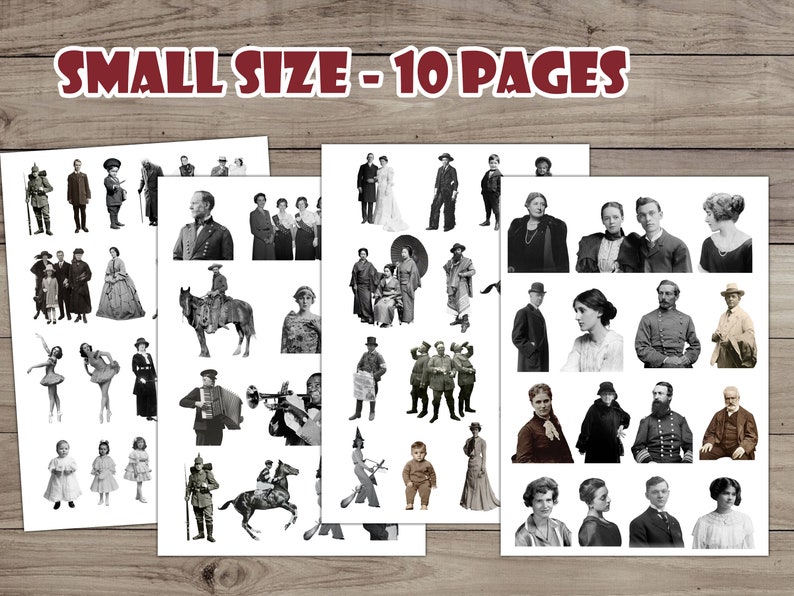 Może przedstawiać: Zestaw 10 stron do wydrukowania z czarno-białymi zdjęciami vintage ludzi. Strony są zatytułowane "SMALL SIZE - 10 PAGES".