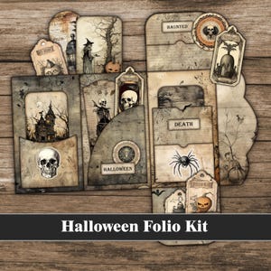 Kit Folio del diario spazzatura di Halloween Scheda del diario spazzatura Kit digitale stampabile di Halloween Scrapbook spettrale Halloween Ephemera Teschio nero scuro