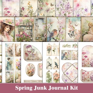 Frühling Blumen Junk Journal Kit Botanische Ephemera Garten Vögel Junk Journal Rose Druckbare Journalseiten Scrapbook Grün Rosa Bastelzubehör