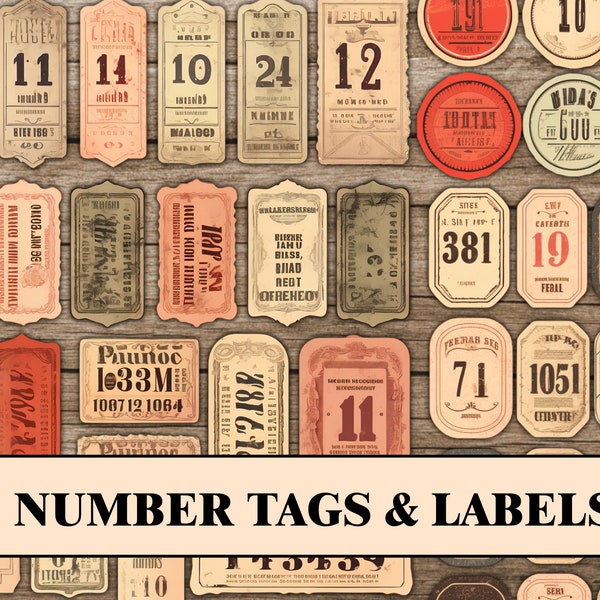 Cijferlabels & Labels | Ephemera voor Junk Journals, afdrukbare Junk Journal Tags Digital Junk Journal Supplies, Vintage Tags, Ephemera Bundel