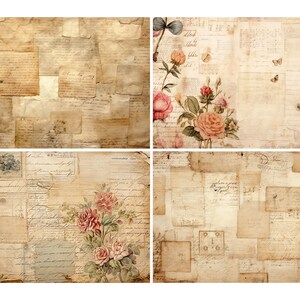 May include: A collage of vintage paper with handwritten text and floral illustrations. The paper is in shades of beige, brown, and cream. The flowers are pink, peach, and white.