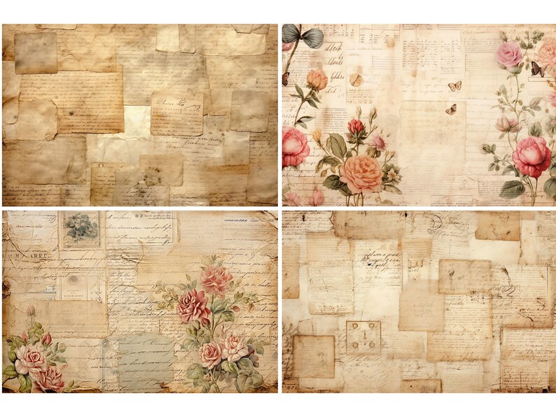 May include: A collage of vintage paper with handwritten text and floral illustrations. The paper is in shades of beige, brown, and cream. The flowers are pink, peach, and white.