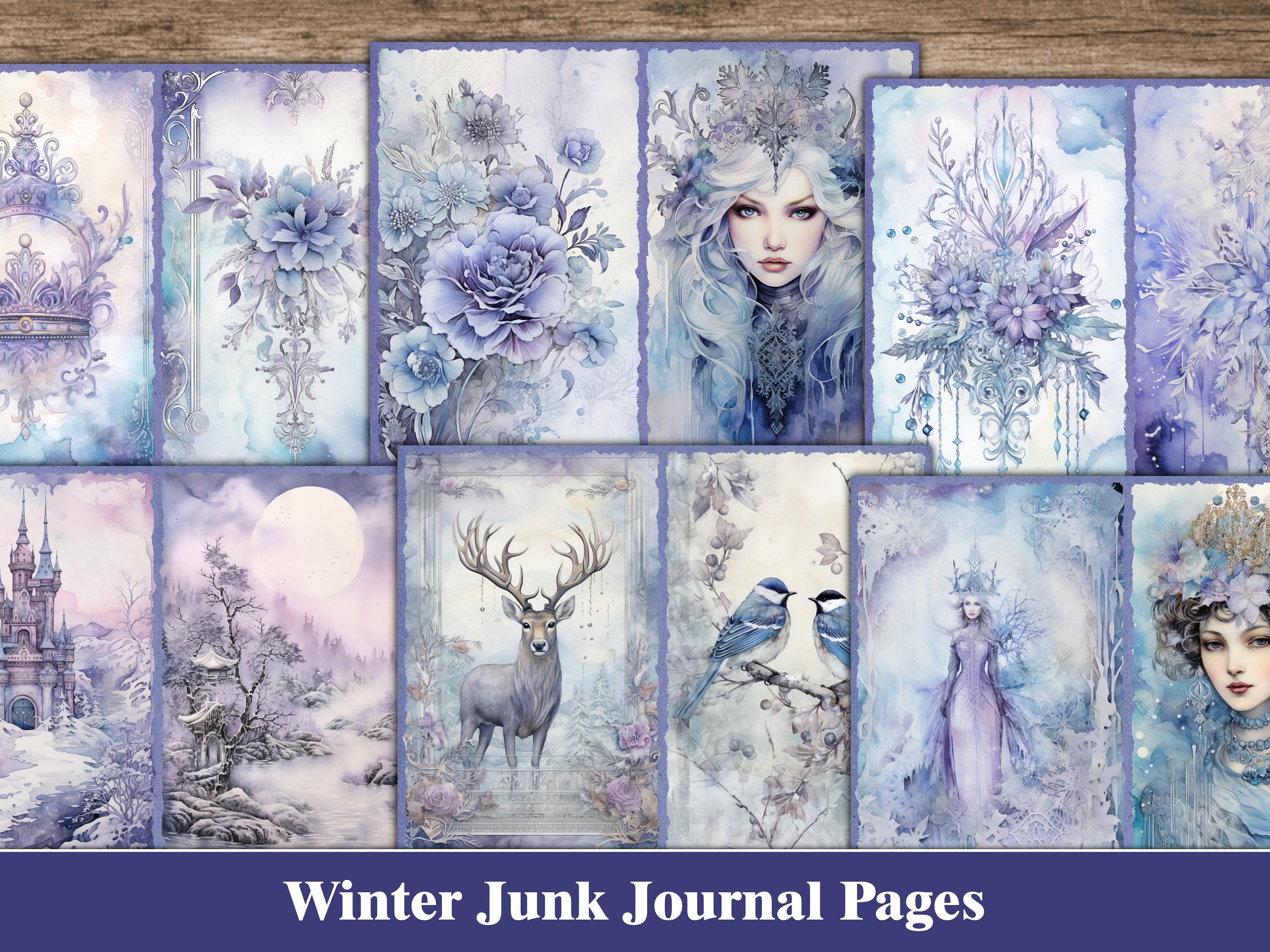 Purple Junk Journal Pages Winter Junk Journal Kit Tags Blue Snowflake ...