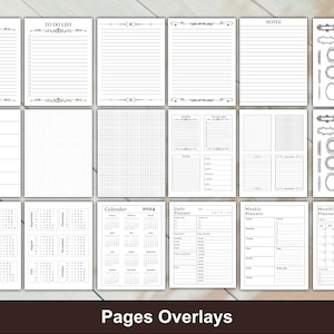 May include: A set of printable planner pages with various layouts, including daily, weekly, and monthly calendars, to-do lists, notes pages, and grid paper. The pages are black and white and feature decorative borders.