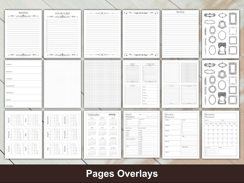 May include: A set of printable planner pages with various layouts, including daily, weekly, and monthly calendars, to-do lists, notes pages, and grid paper. The pages are black and white and feature decorative borders.
