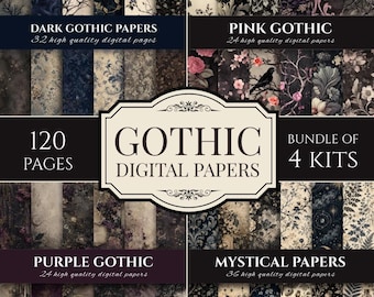 May include: A collection of 120 digital papers organised into four kits labelled Dark Gothic Papers, Pink Gothic, Purple Gothic, and Mystical Papers. The designs feature dark floral patterns, branches, birds, moons, and skulls in various colour palettes.
