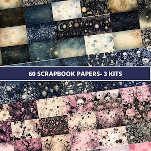 May include: A digital collage sheet with 60 scrapbook papers in three kits. The papers feature a dark blue and black color scheme with skulls, flowers, and other spooky elements. The text "60 SCRAPBOOK PAPERS - 3 KITS" is displayed in a blue banner.