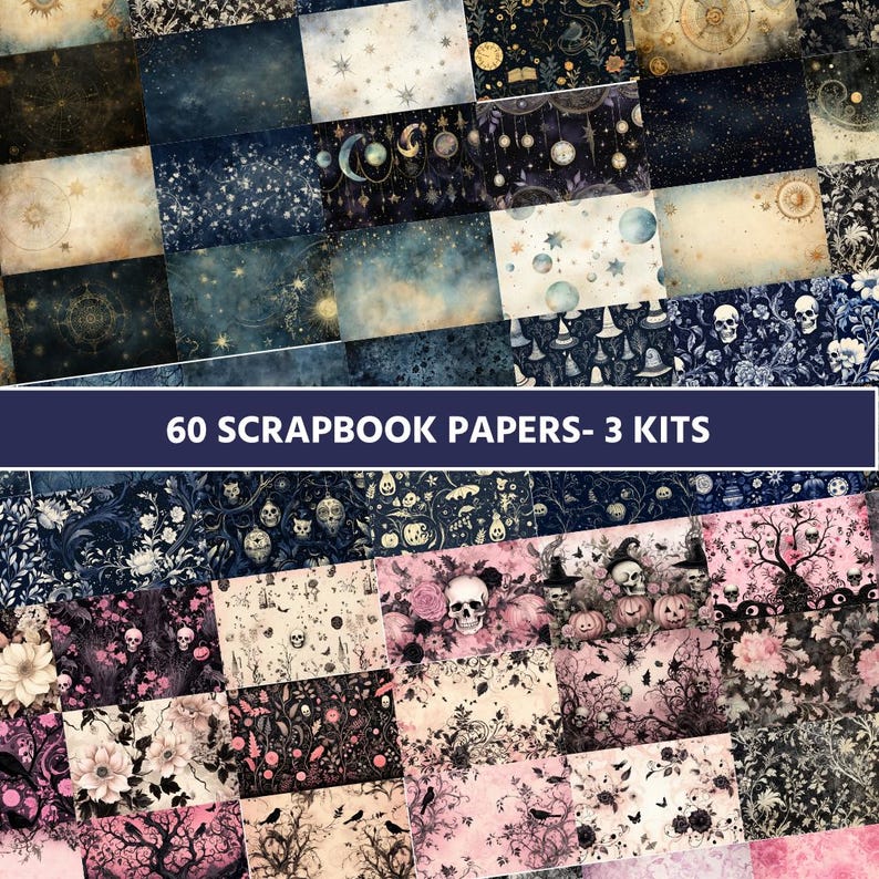 May include: A digital collage sheet with 60 scrapbook papers in three kits. The papers feature a dark blue and black color scheme with skulls, flowers, and other spooky elements. The text "60 SCRAPBOOK PAPERS - 3 KITS" is displayed in a blue banner.