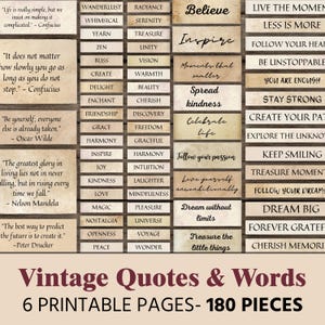Citations et mots Étiquettes vintage | Junk Journal Ephemera Feuille de collage numérique Étiquettes de texte Scrapbook Fournitures artisanales imprimables Scrapbooking