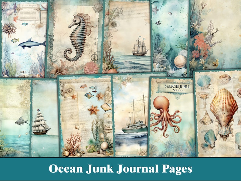 May include: A set of 10 digital printable junk journal pages featuring an ocean theme. The pages include images of seahorses, ships, seashells, coral, and an octopus. The pages are perfect for adding to your junk journal or for using in other crafting projects.