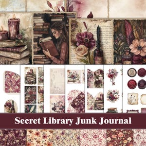 Kit di diario spazzatura grunge, libri della biblioteca segreta, oggetti effimeri stampabili, rose bordeaux vittoriane scure, album floreali, carta, forniture artigianali vintage