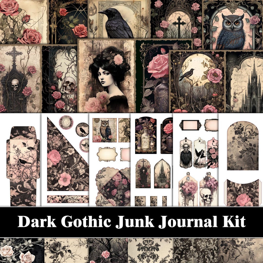 Dark Floral Gothic Junk Journal Kit Victorian Pink Roses Black ...