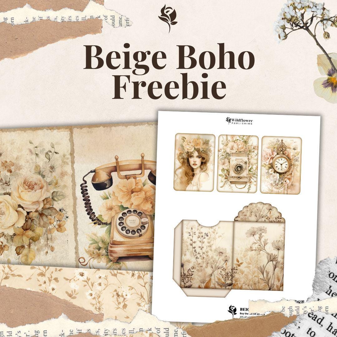 Freebie | Free Boho Junk Journal Kit Floral Neutral Junk Journal Nature ...