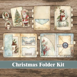 May include: A Christmas folder kit with a vintage aesthetic. The kit includes a variety of decorative elements, such as a snowman, a Christmas tree, Santa Claus, and a cup of hot cocoa. The kit also includes a folder with pockets for storing cards, letters, and other items. The text "Christmas Folder Kit" is printed on the bottom of the image.